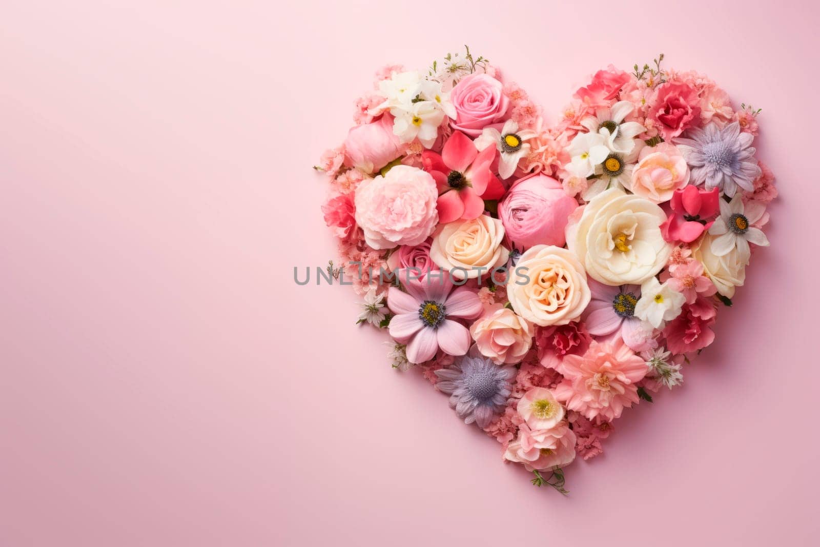 A variety of pink and white flowers are laid out in the shape of a heart on a pink background. The copy space. Minimalism.