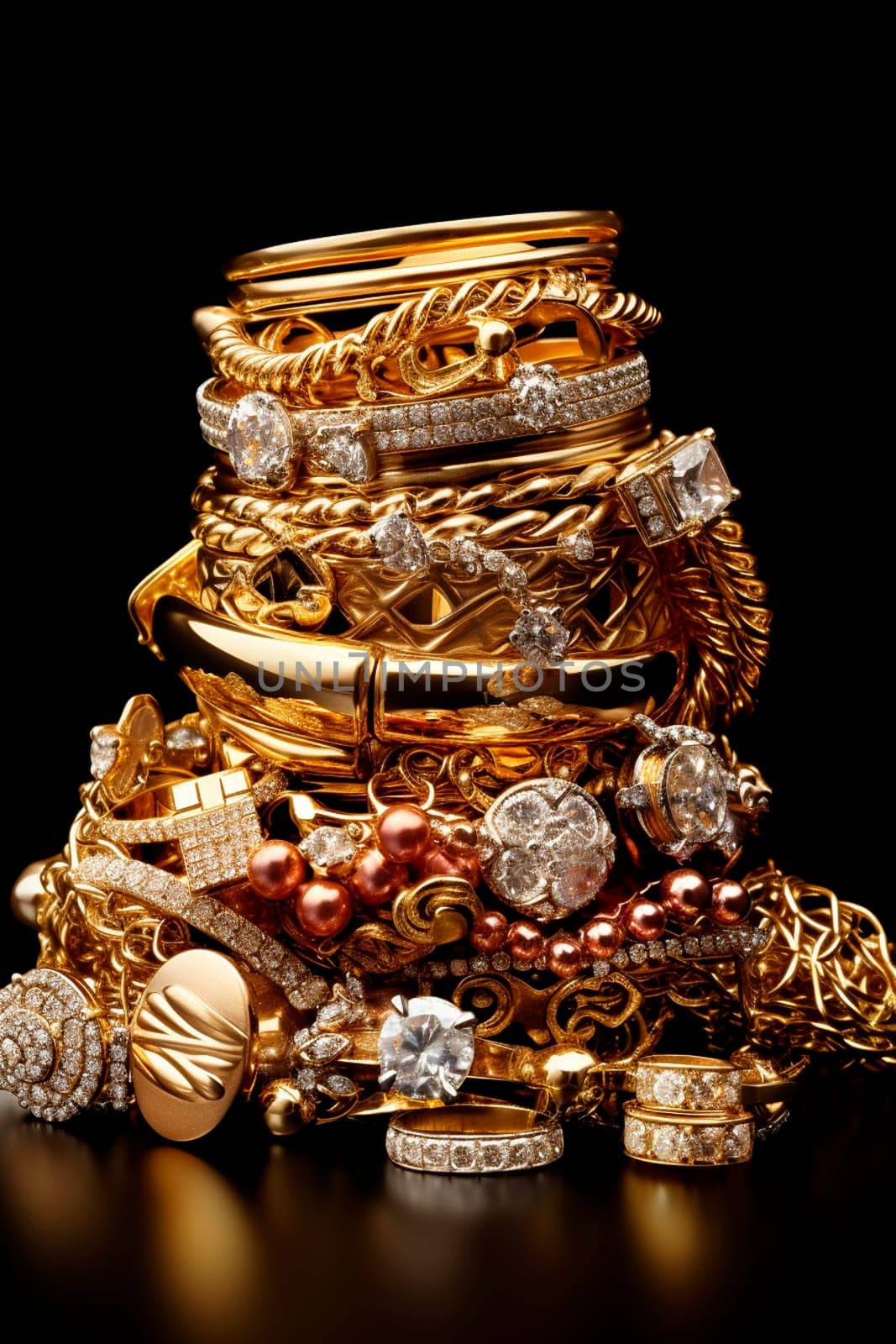 a bunch of gold jewelry. Selective focus. by yanadjana