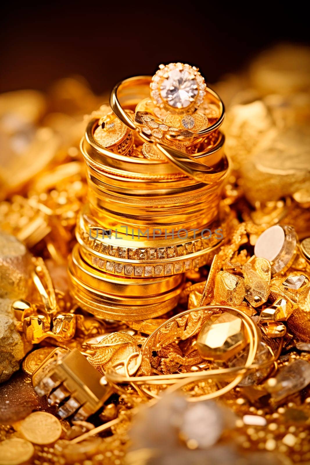 a bunch of gold jewelry. Selective focus. by yanadjana