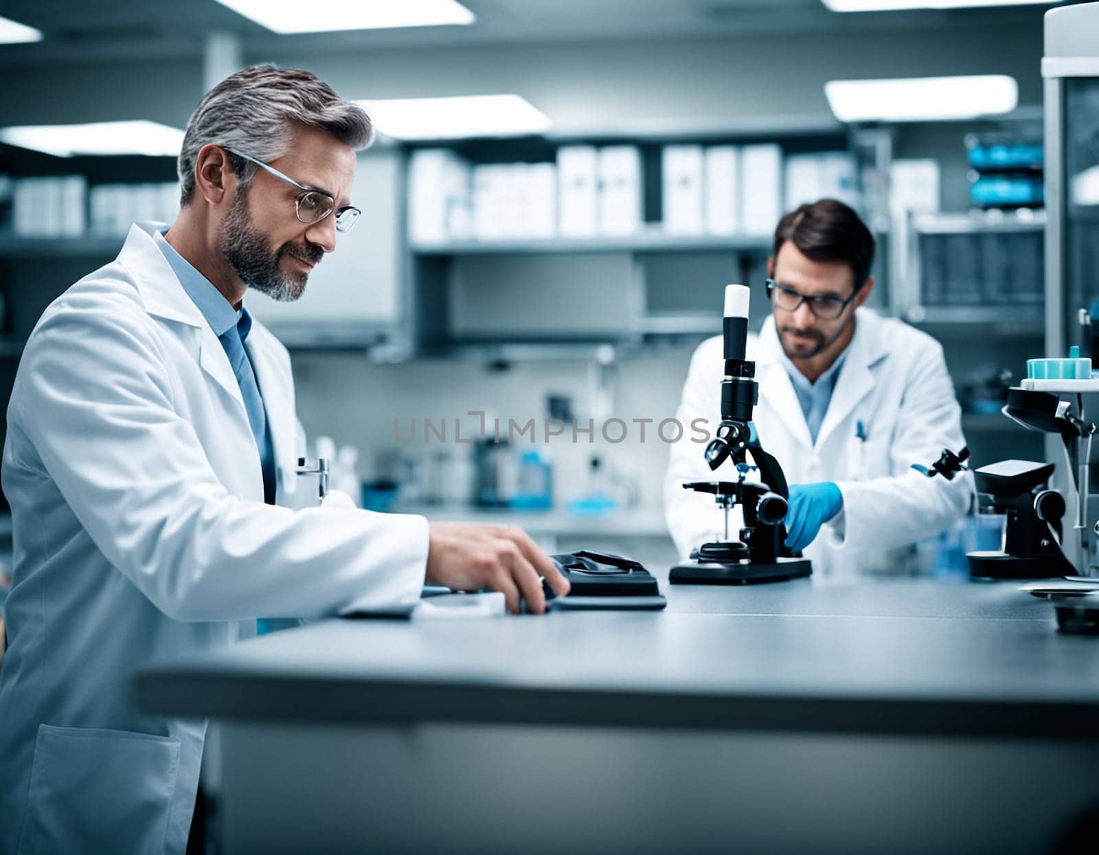 Laboratory scientific and medical research. Doctors and scientists conduct experiments and experiments. High quality illustration