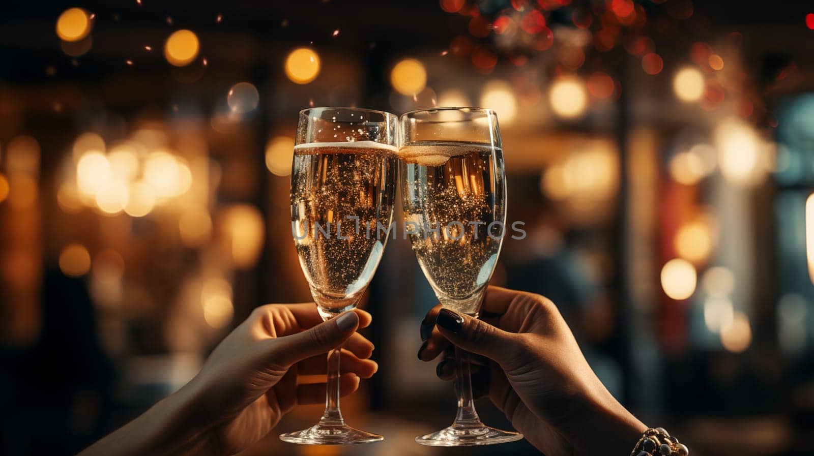 Close-up of a two womans hands clinking glasses of champagne, against a background of golden glowing New Year's lights on a bokeh-style background.