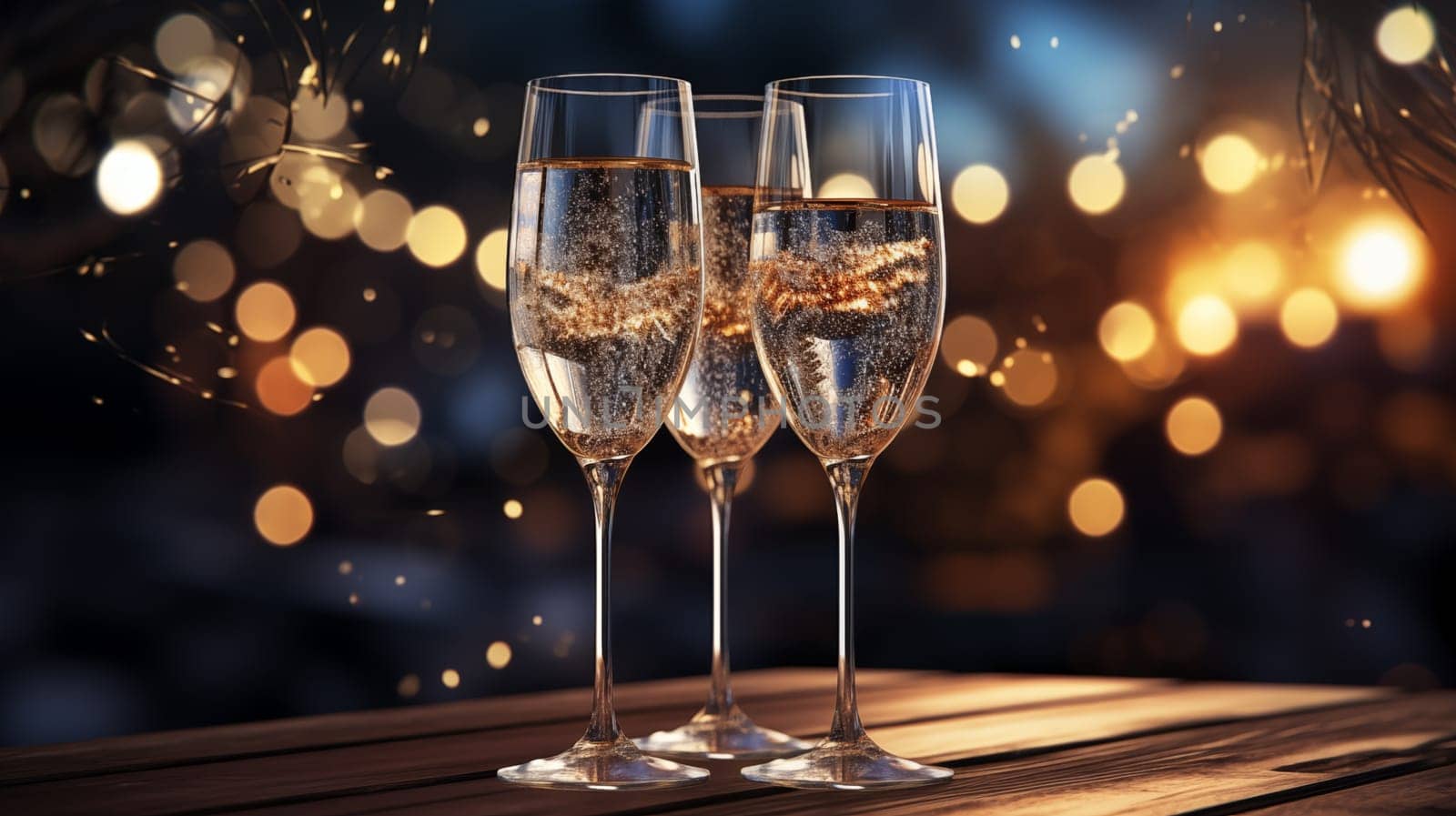 Three glasses of champagne with particles of gold stand on the table in the evening, surrounded by golden bokeh lights.