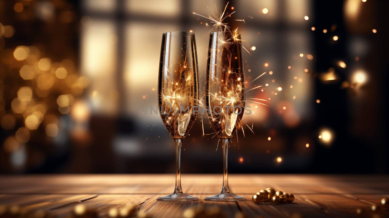 In the evening, there are two glasses of champagne on the table with a Bengali firework inside in the evening.