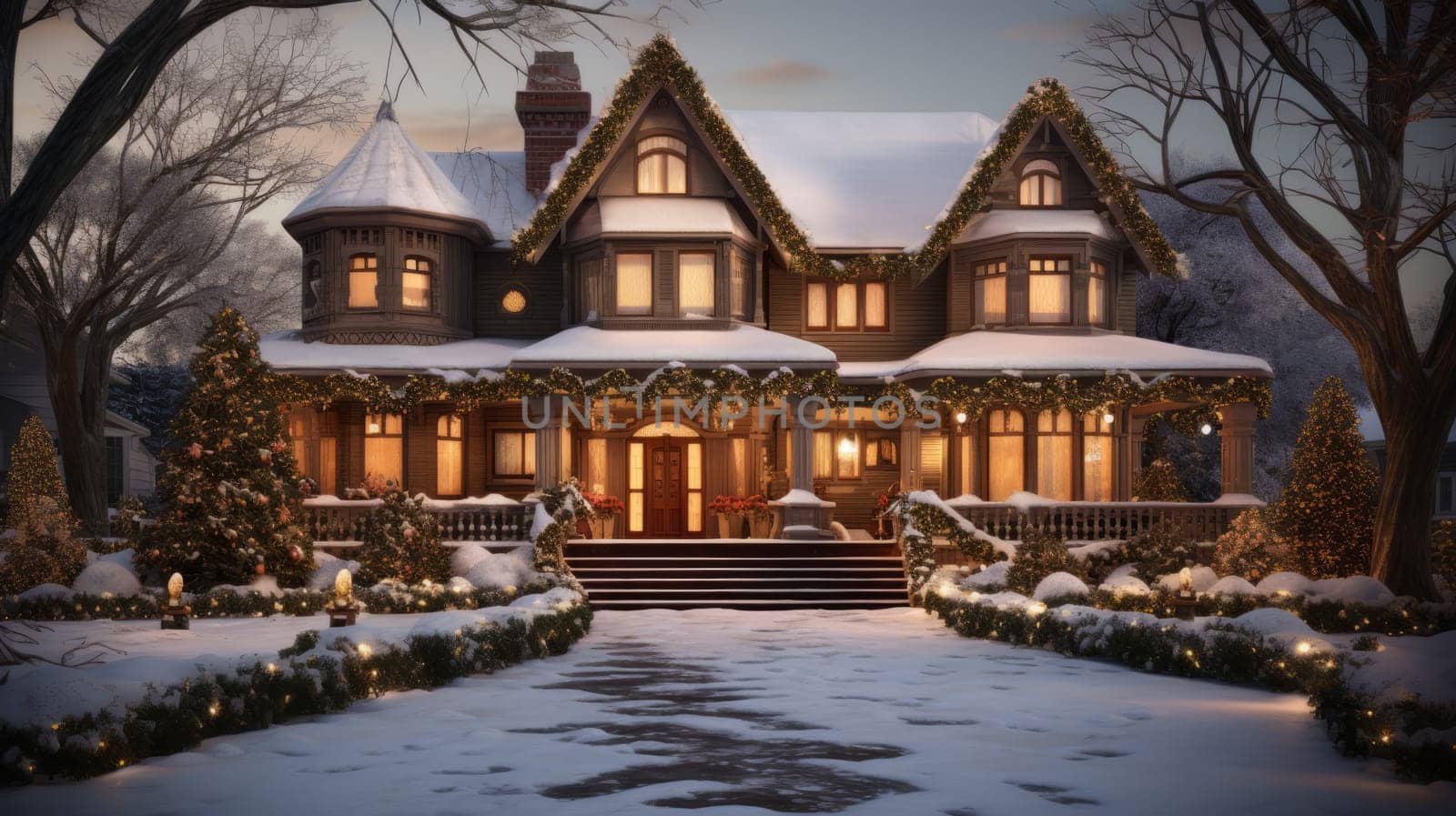 Night view of a snow-covered, beautiful wooden country house decorated for Christmas.