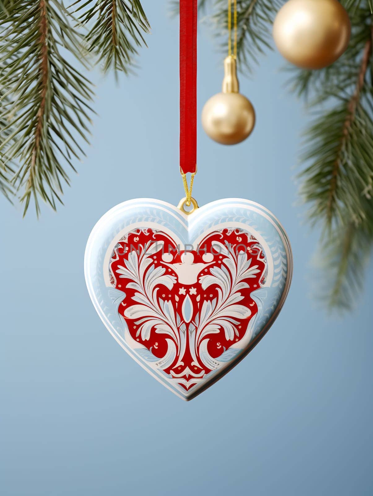 A heart-shaped Christmas bauble with intricate red and white design, hanging from a pine branch on a red ribbon, with golden decorations