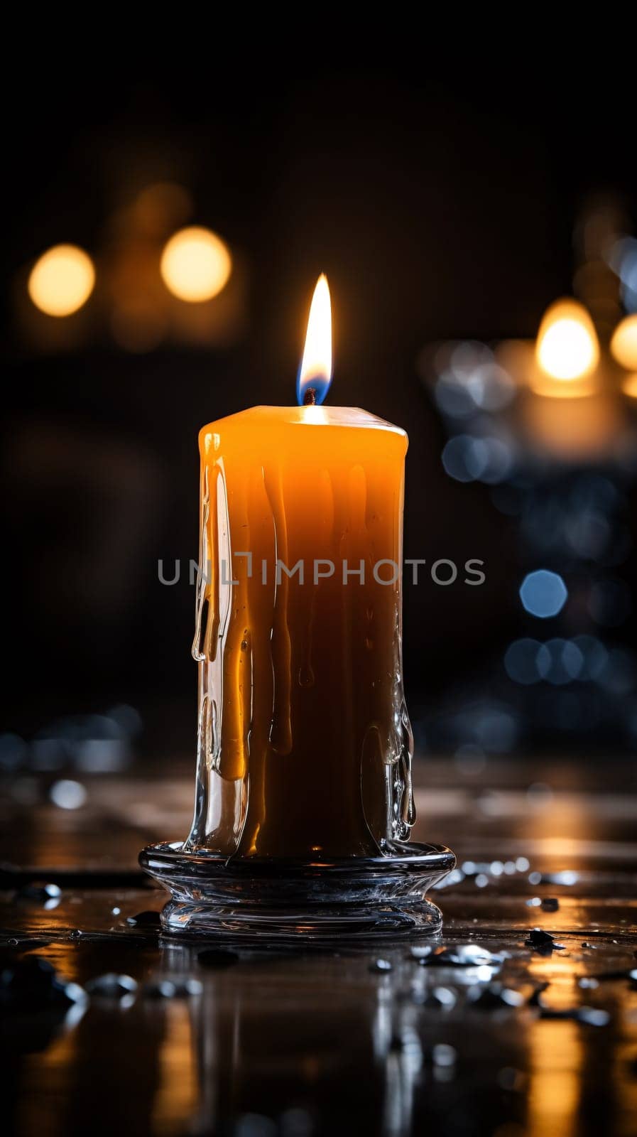A lit candle with a flame against blue background with defocused lights by chrisroll