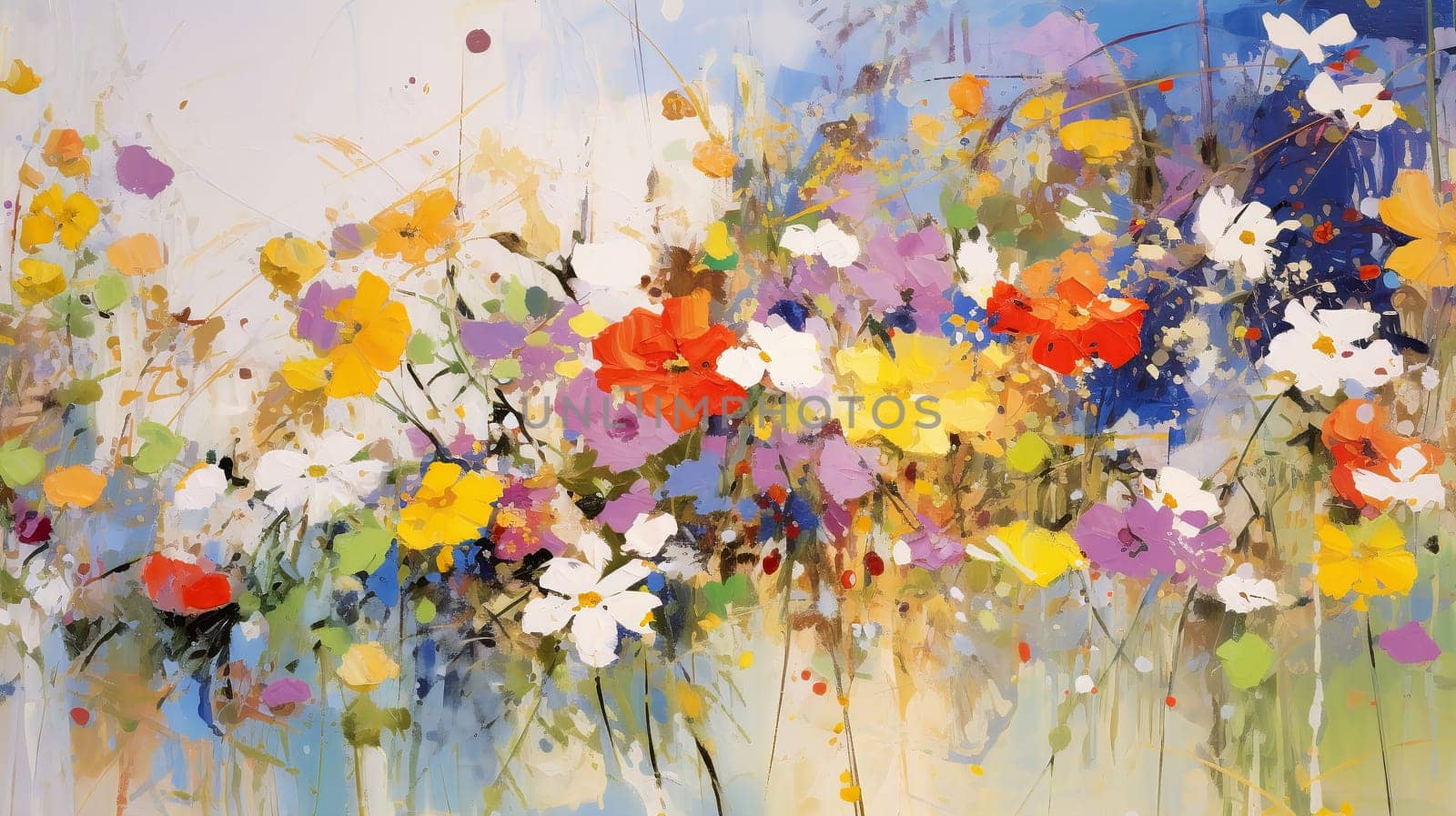 A vibrant burst of color and life, the painting captures the delicate beauty of poppy flowers on a dreamy blue canvas, evoking a sense of whimsy and creativity - generative AI