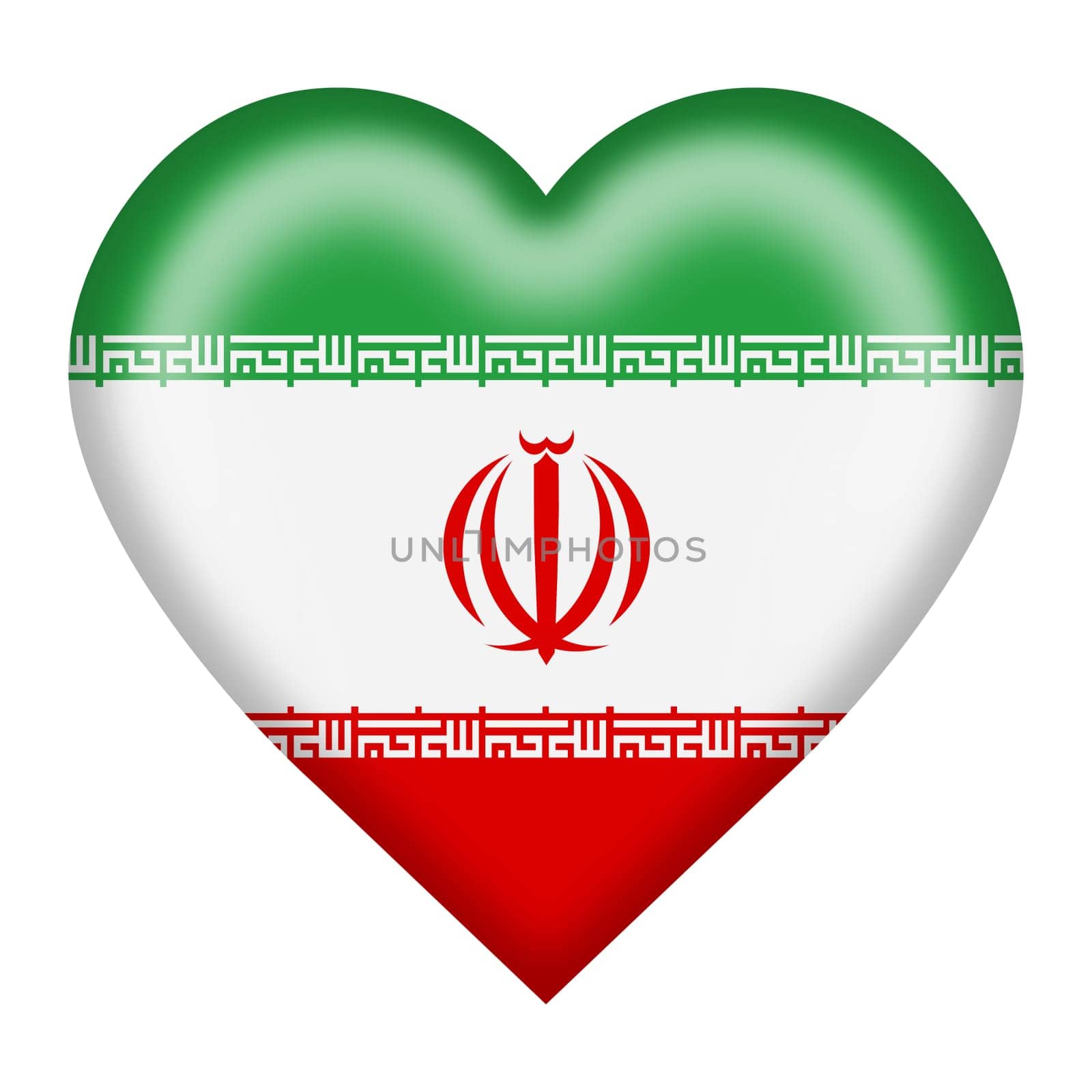 An Iran flag heart button isolated on white with clipping path red white green emblem Allah takbir