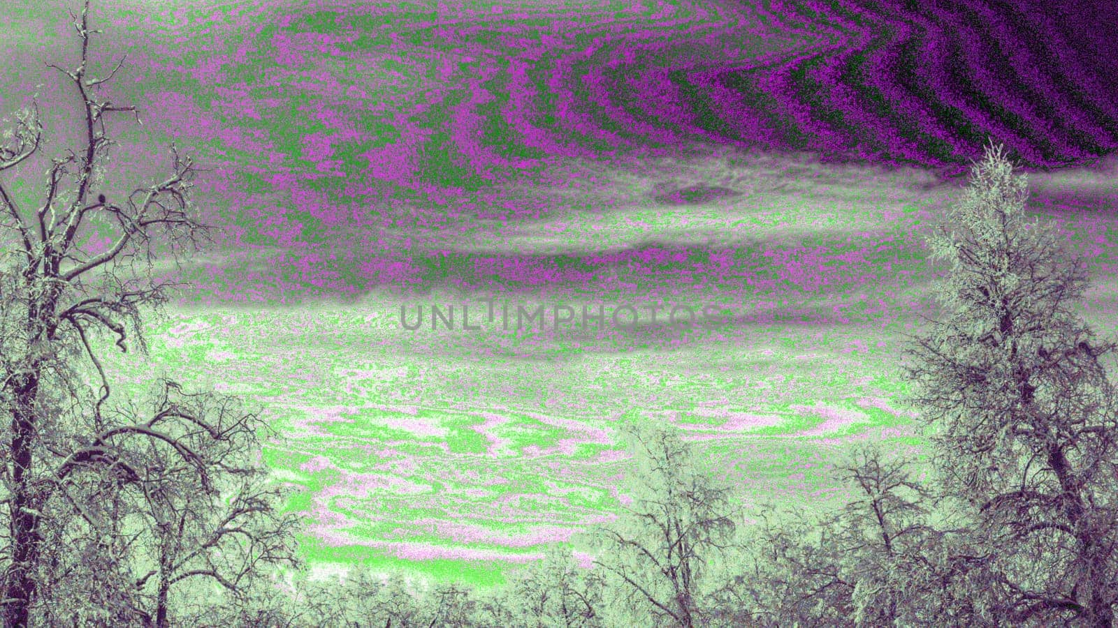 glitchy landscape of frost-covered winter trees with green and purple moire and weird color.