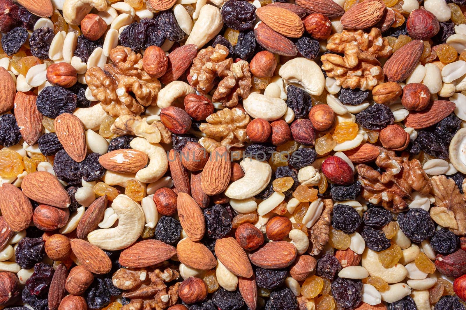 Mixed Nuts: Almonds, Walnuts, Cashews, Peanuts, Hazelnuts, Dried Prunes and Raisins. Different Nut Mix. Background from Various Nuts and Dried Fruits