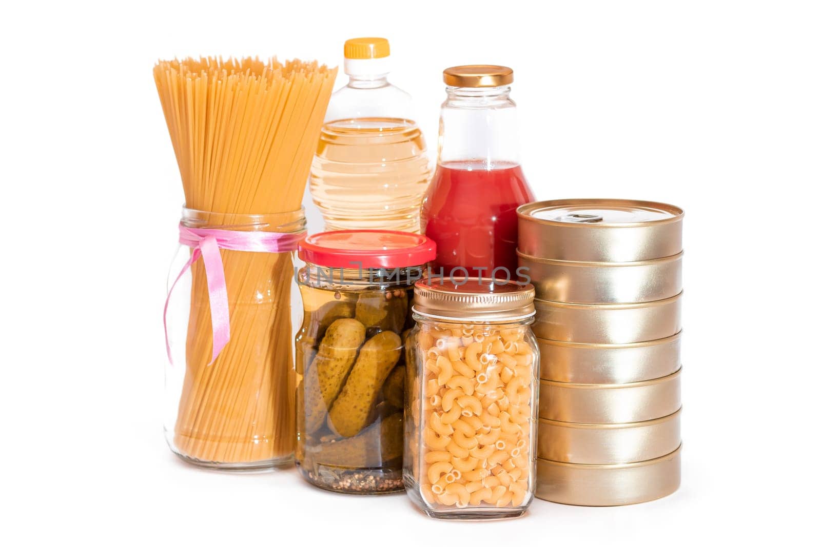 Food Reserves: Canned Food, Spaghetti, Pate, Tuna, Tomato Juice, Pasta, Fish and Grocery - Isolated on White Background. Emergency Food Storage in Case of Crisis. Strategic Food Supplies - Isolation