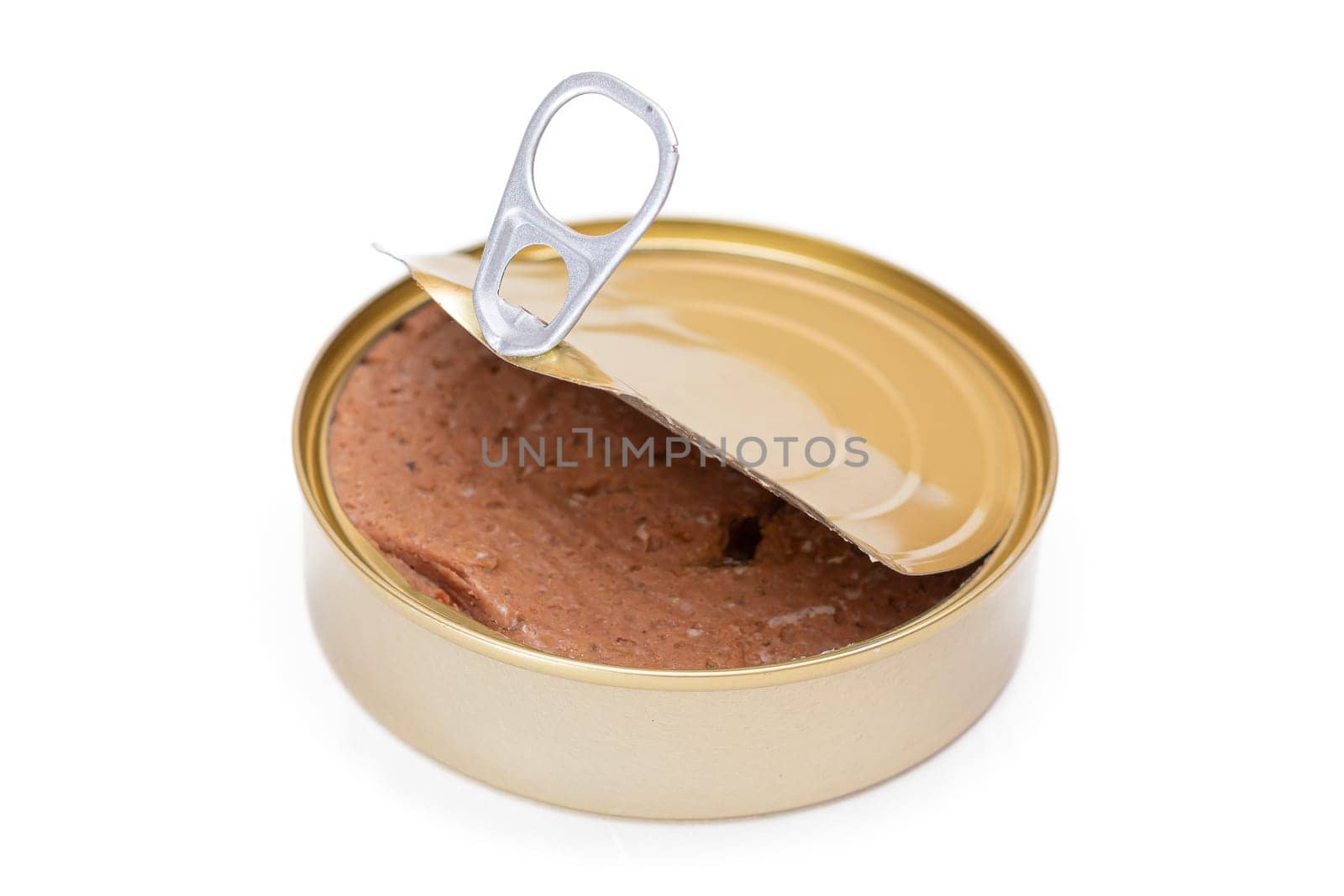 Opened Tin Can with Chicken Liver Pate Isolated on White Background by InfinitumProdux