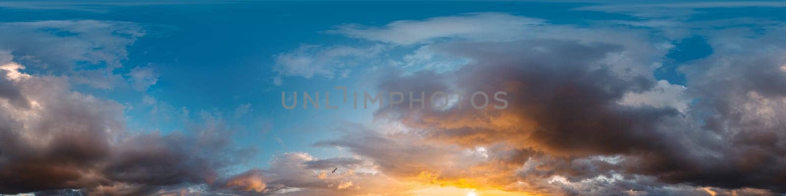 Sunset sky panorama with bright glowing pink Cumulus clouds. HDR 360 seamless spherical panorama. Full zenith or sky dome in 3D, sky replacement for aerial drone panoramas. Weather and climate concept