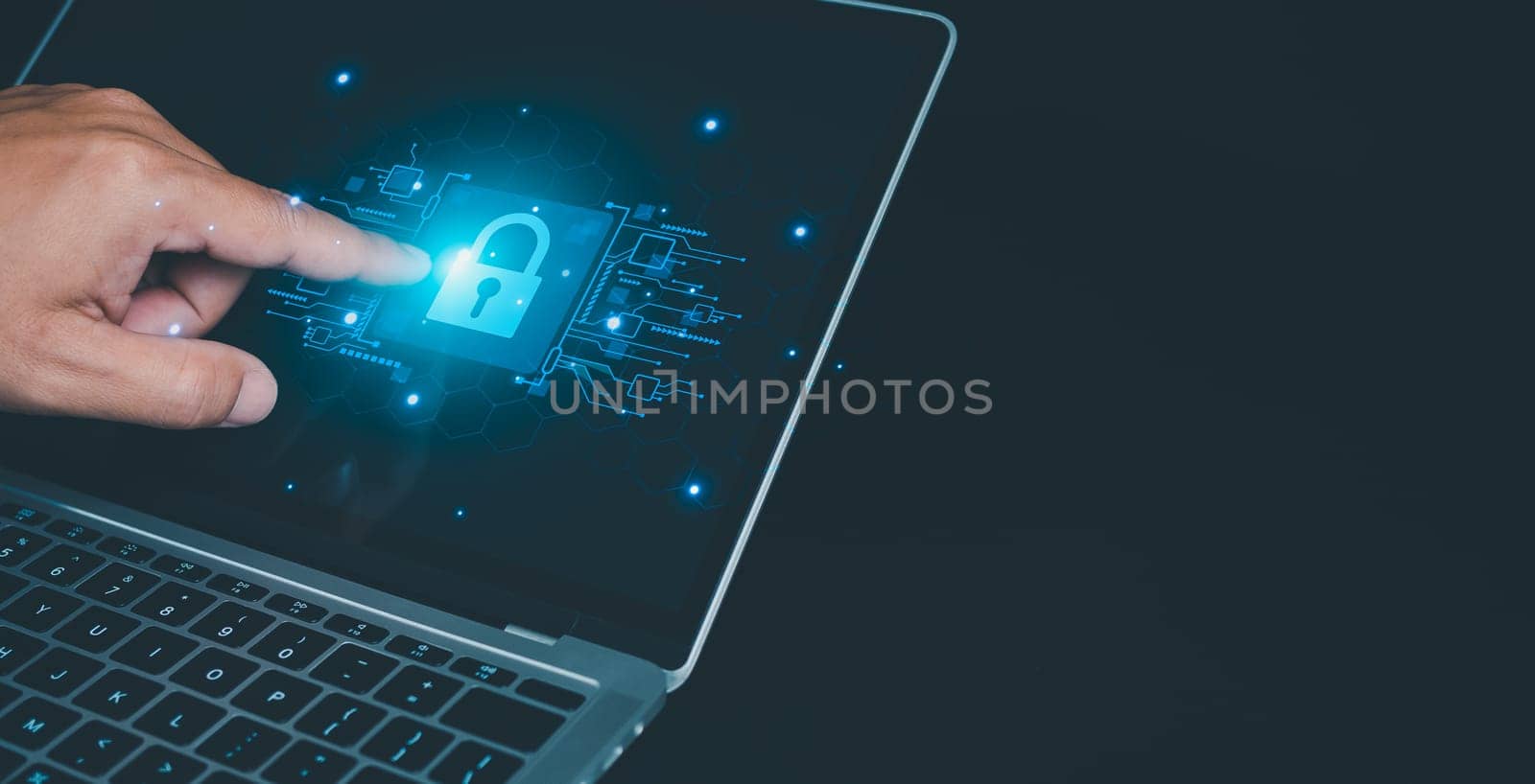 Cyber security and password login concept, Hands uses computer and entering username and password of data network, log in with laptop to digital information system, Online data protection concept by Unimages2527