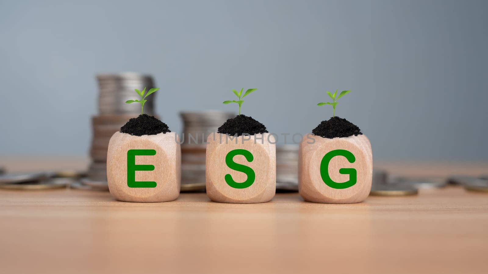 ESG concept of environmental, social and governance, wood block and ESG letters on wooden background It is an idea for sustainable organizational development ​account the green environment. by Unimages2527