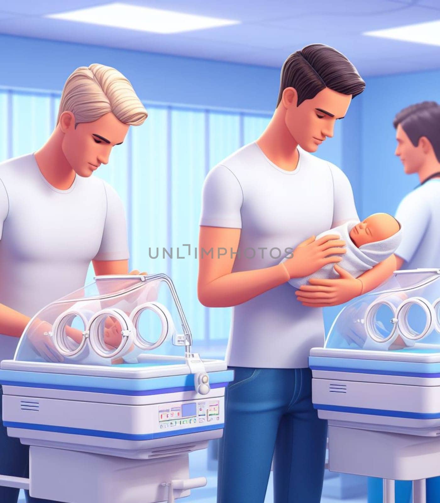 illustration depicting medical staff people at the hospital take care of newborn baby ai generated