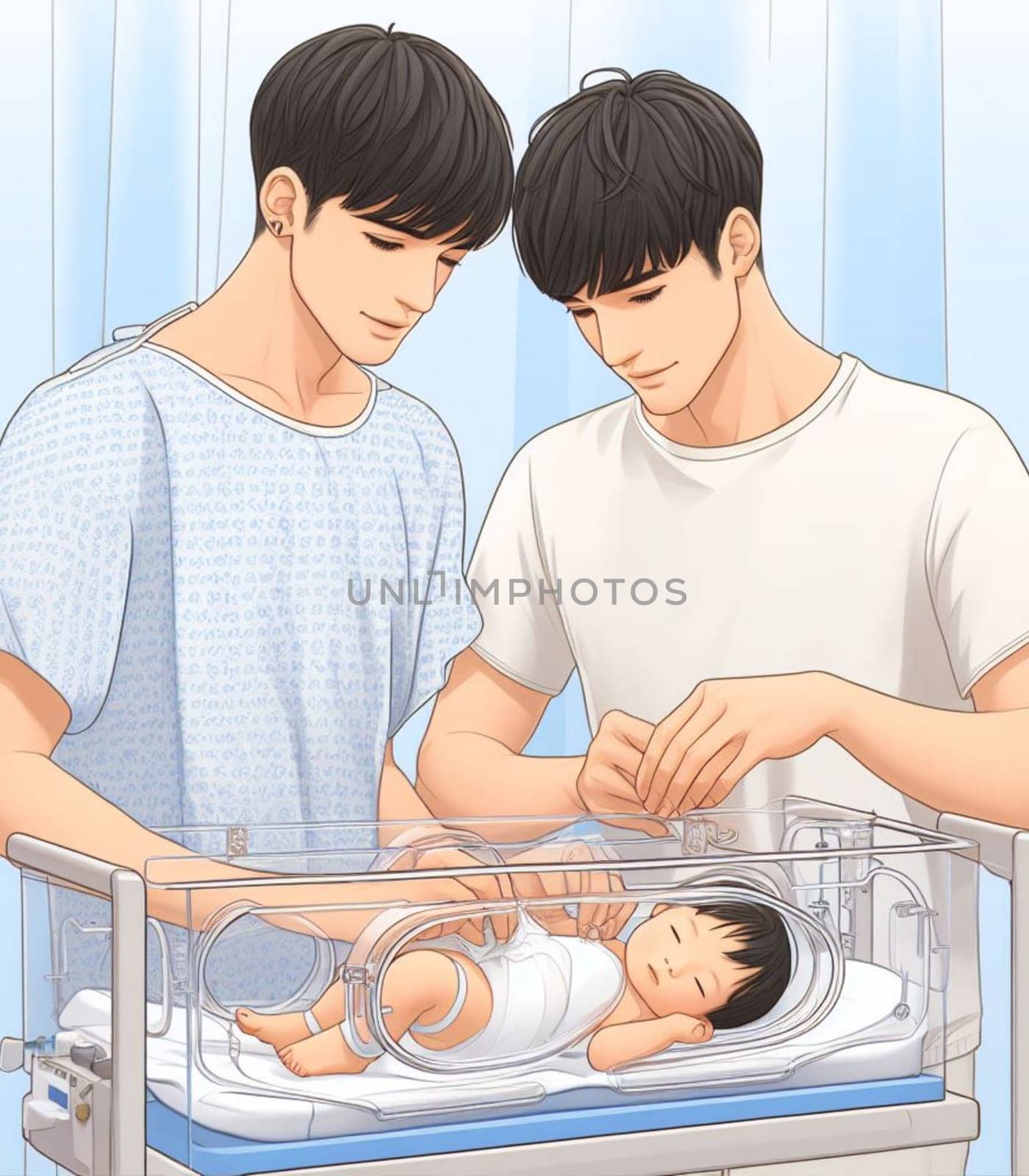 illustration depicting medical staff people at the hospital take care of newborn baby ai generated