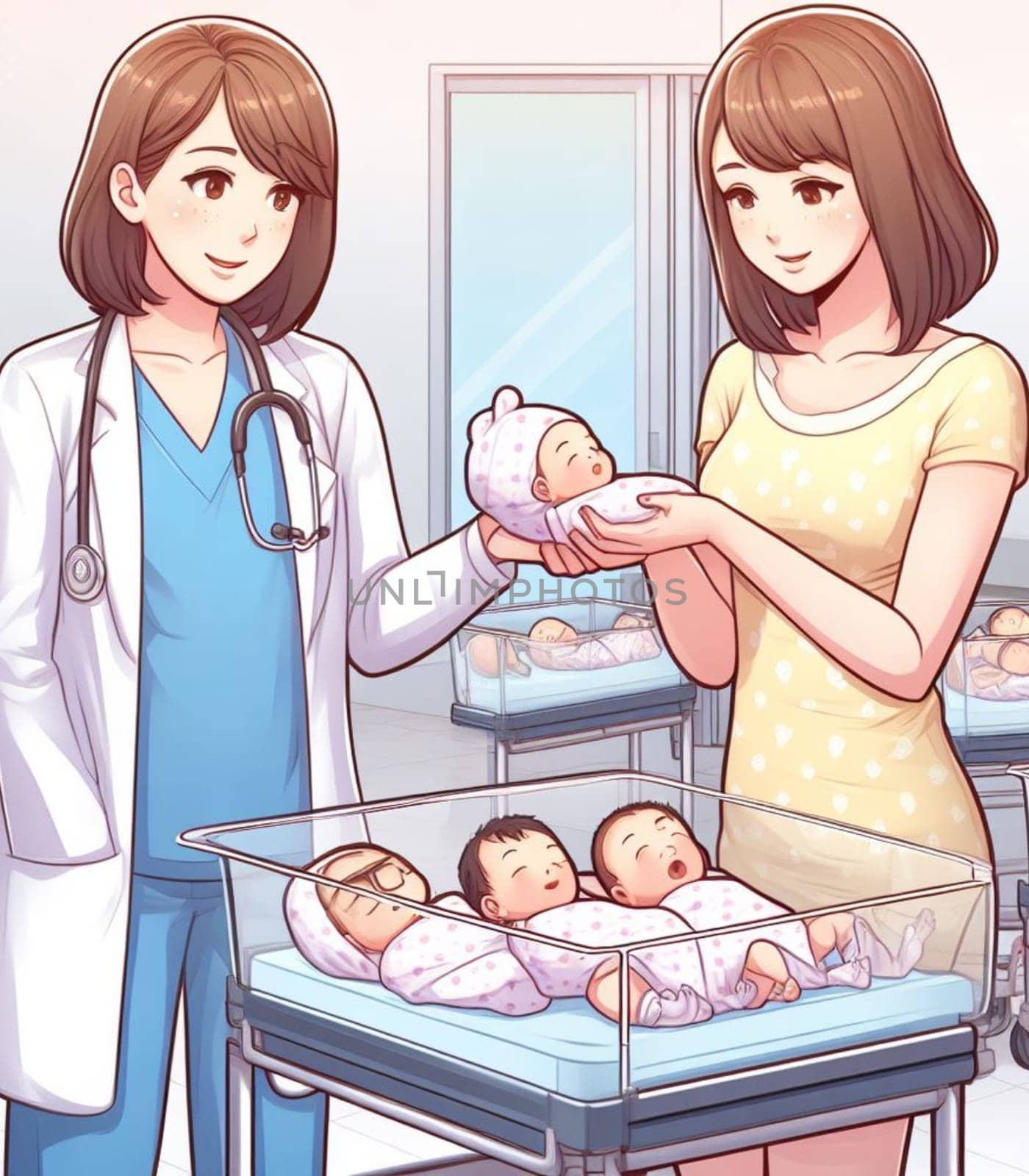 illustration depicting medical staff people at the hospital take care of newborn baby ai generated