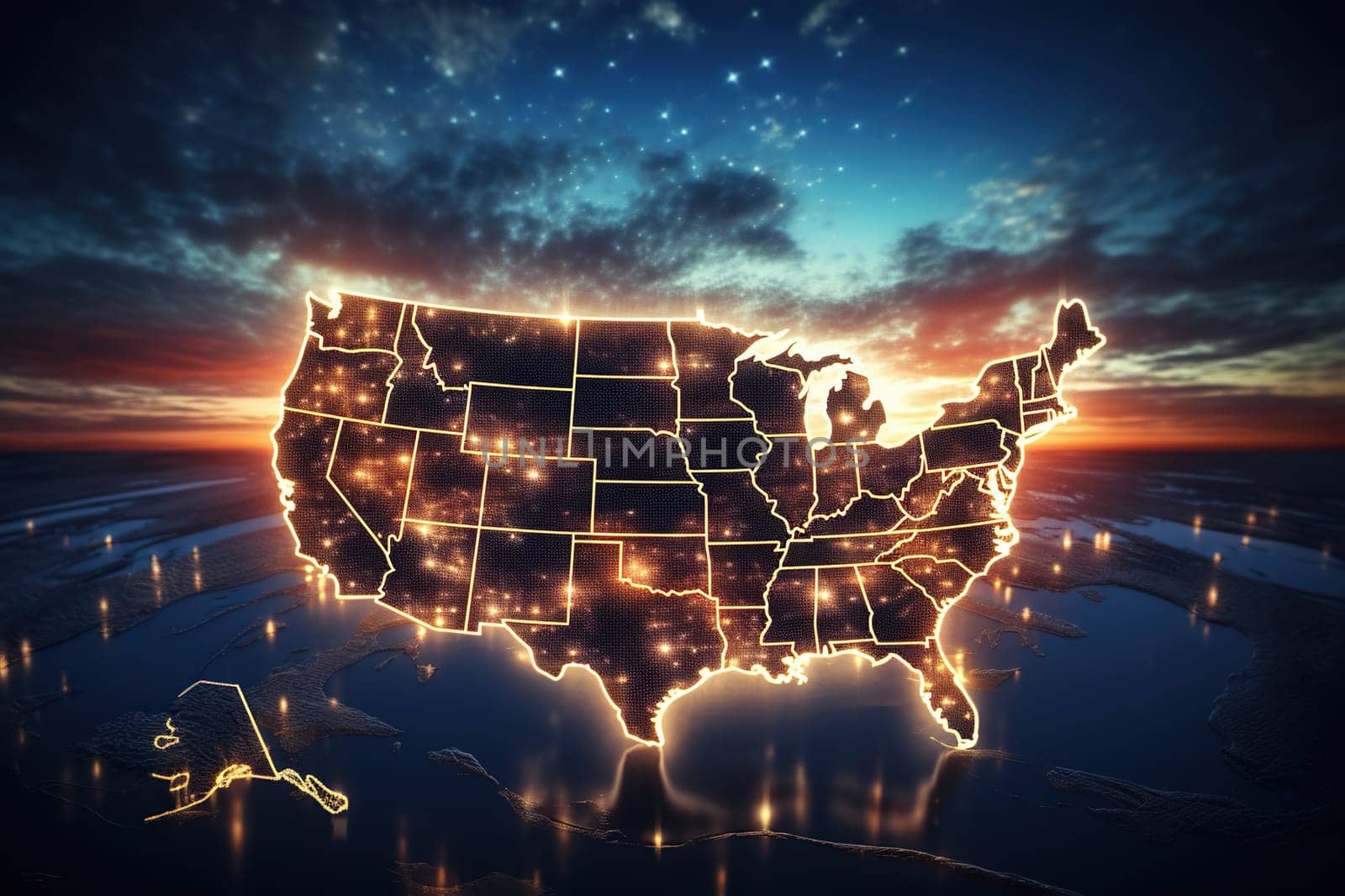 Image of a map of the USA against the background of planet Earth with a beautiful sky.