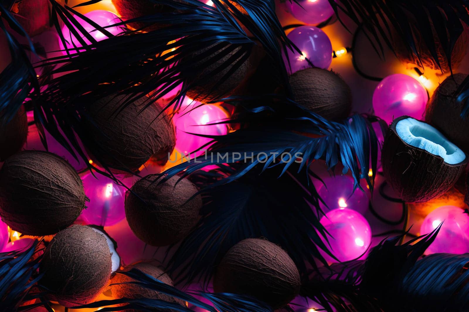 Summer background with coconuts and neon lights. Background for a summer tropical party.