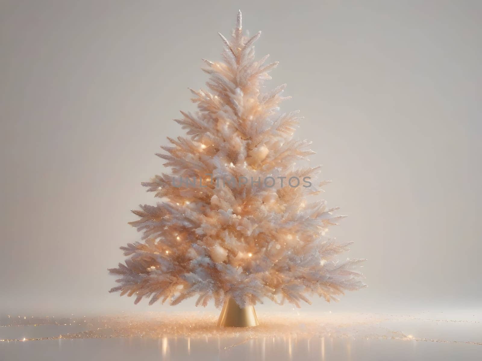 A White Christmas Tree with Lights on it in Peach Fuzz Colors, a 3D render, photorealism, vray tracing, AI generated