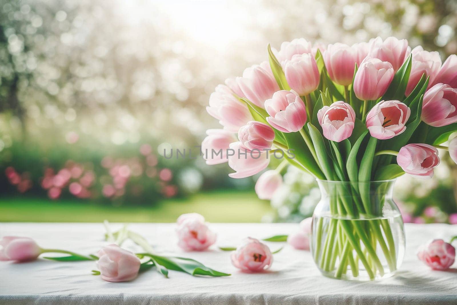 Bouquet pink tulips in glass vase on table in garden on sunny spring day, blurred background with bokeh, still life.