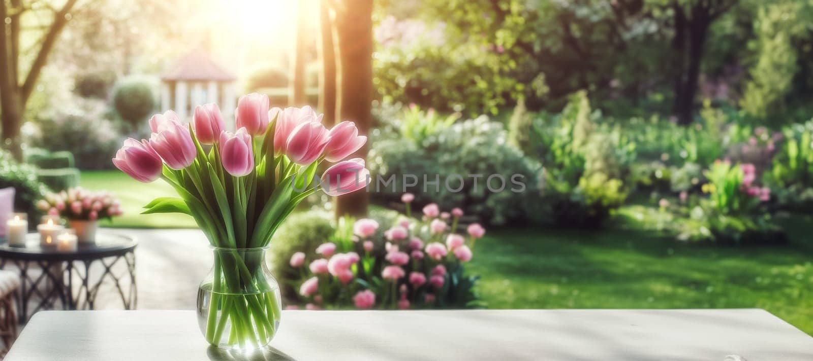 Bouquet pink tulips in glass vase on table in garden on sunny spring day by EkaterinaPereslavtseva