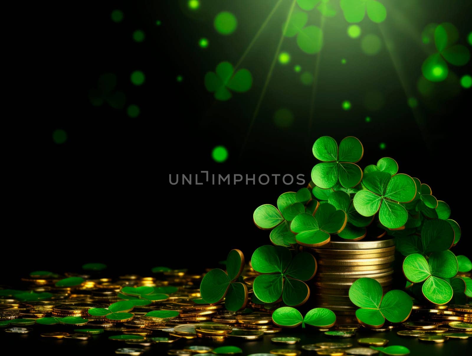 The green background of the copy area with clover and gold coins for St. Patrick's Day. by Spirina