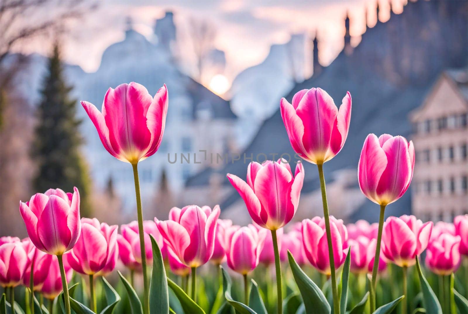 Field of pink tulips in the park on a spring day, spring holidays concept by EkaterinaPereslavtseva