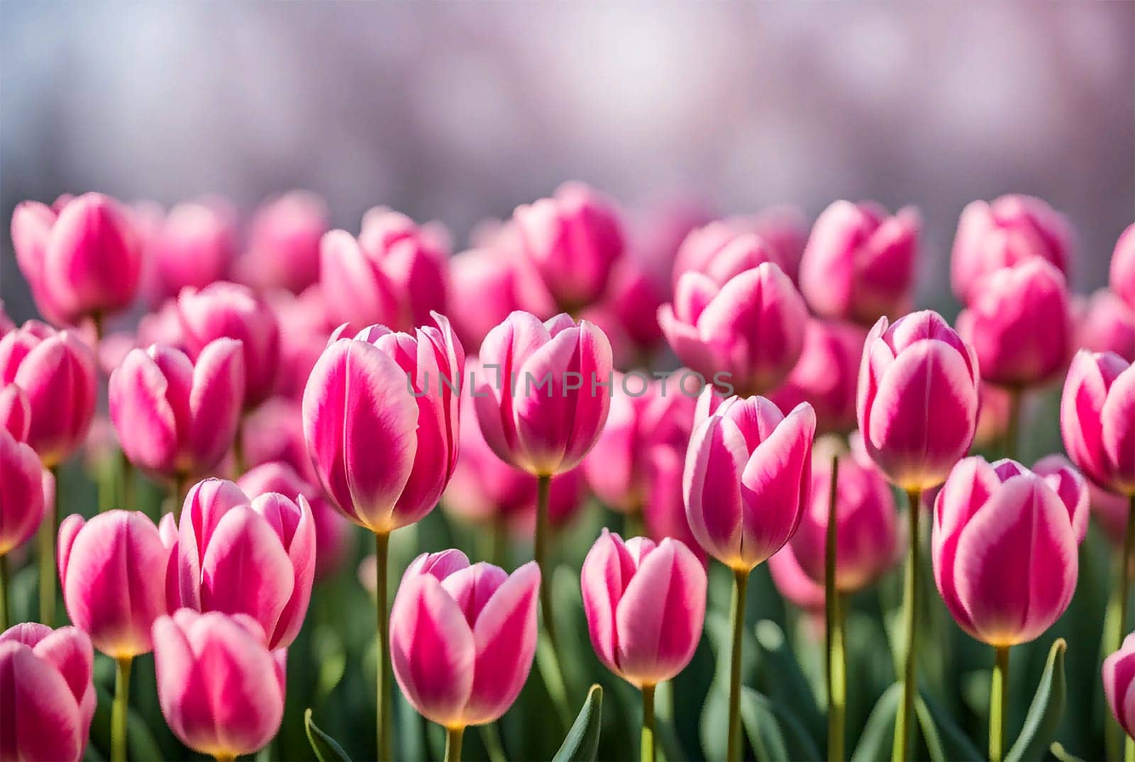 Close-up beautiful pink tulip flower in flower field in Netherlands, spring by EkaterinaPereslavtseva