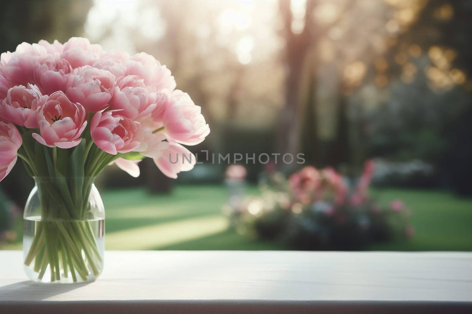 Bouquet pink tulips in glass vase on table in garden on sunny spring day by EkaterinaPereslavtseva