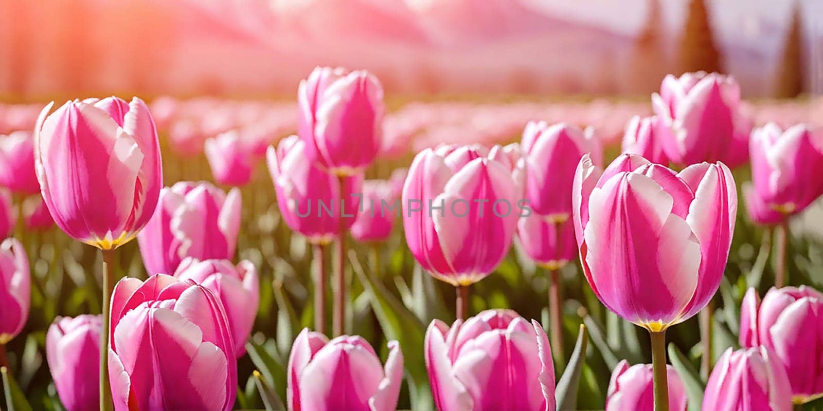 Close-up beautiful pink tulip flower in flower field in Netherlands, spring by EkaterinaPereslavtseva