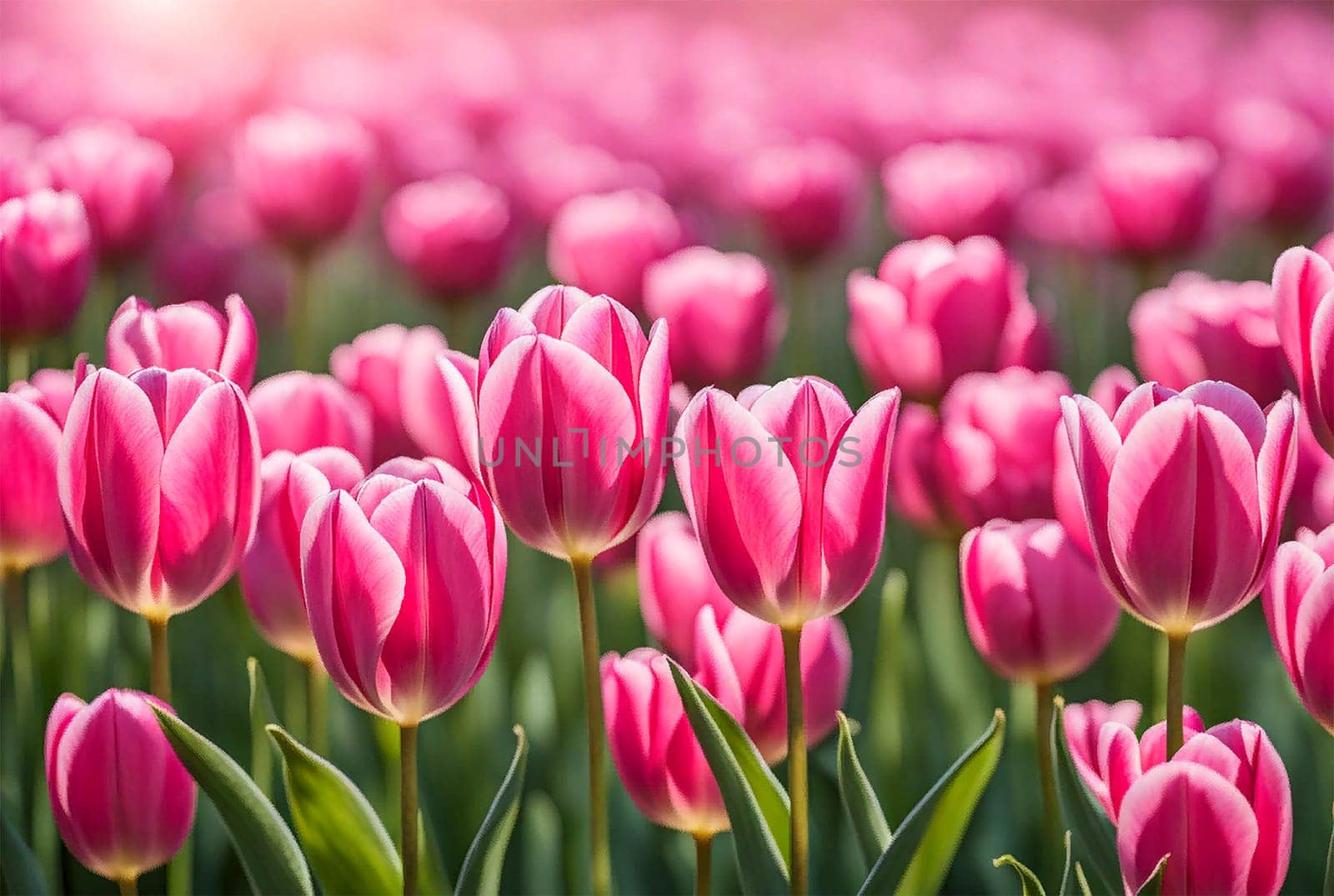 Close-up beautiful pink tulip flower in flower field in Netherlands, spring time.