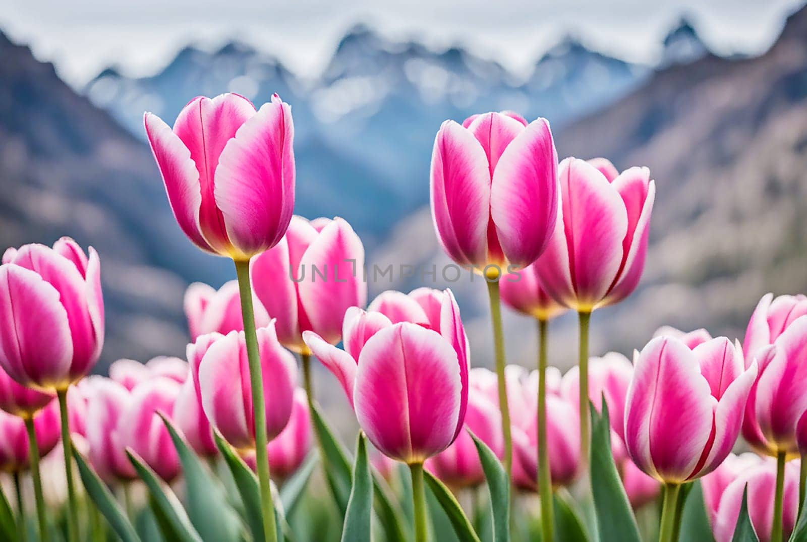 Field of pink tulips close-up on a spring day against the backdrop of mountains