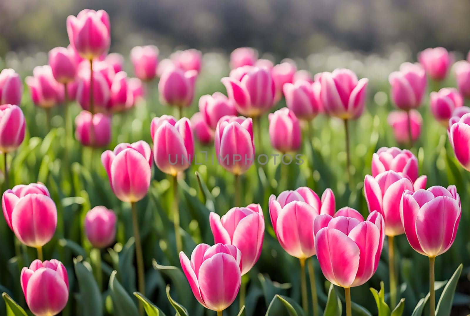 Spring nature background. Beautiful pink Tulips flowers in park. Gentle artistic floral image. Template for design. Copy space. Banner