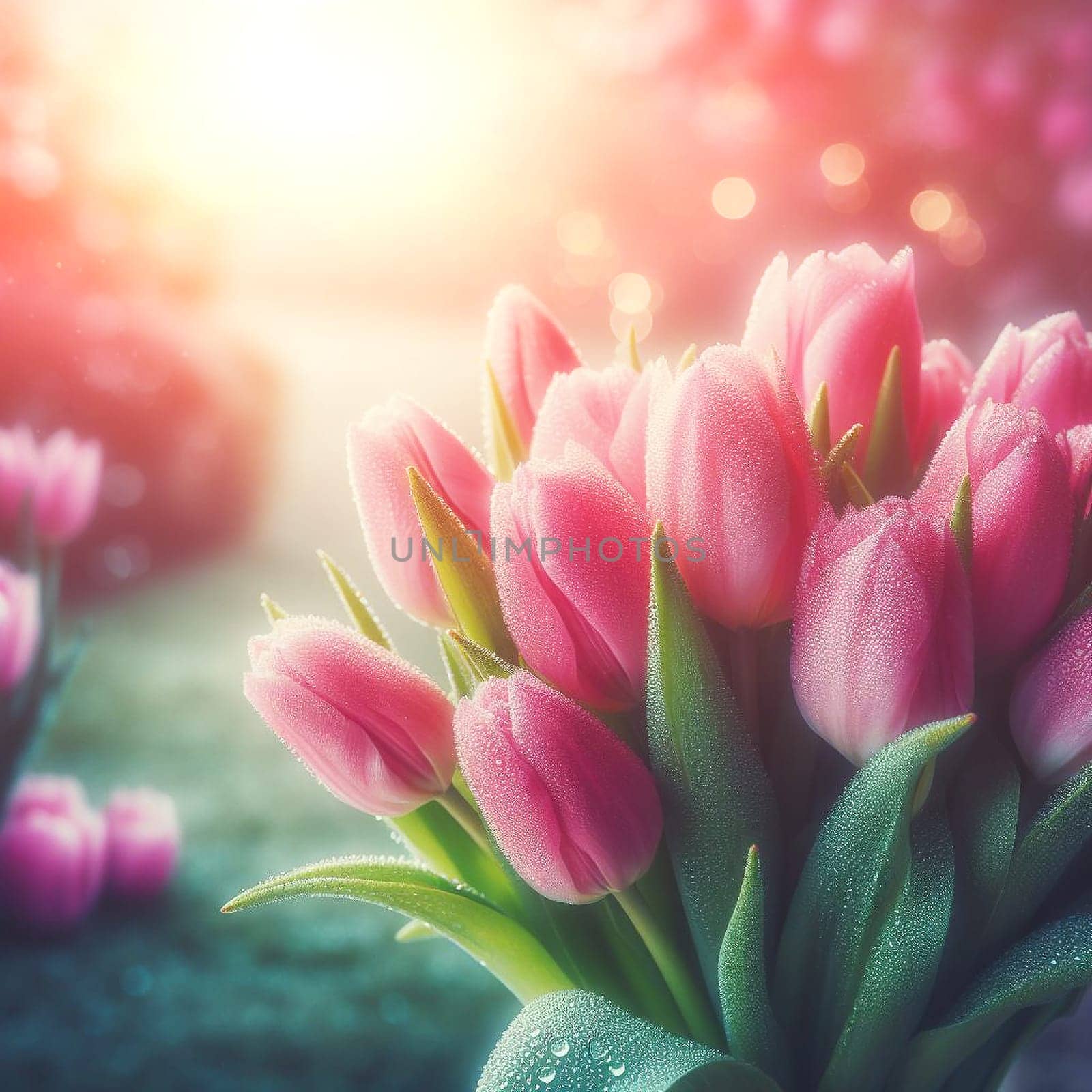 Bouquet pink tulips in glass vase on table in garden on sunny spring day, blurred background with bokeh, still life.