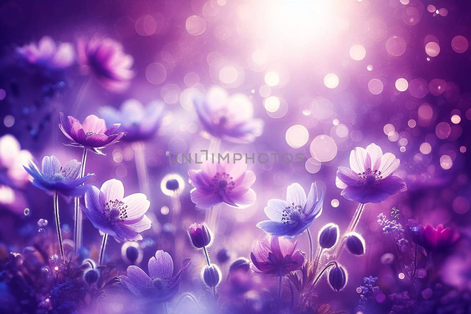 Purple bokeh sparkle abstract background with lilac flowers