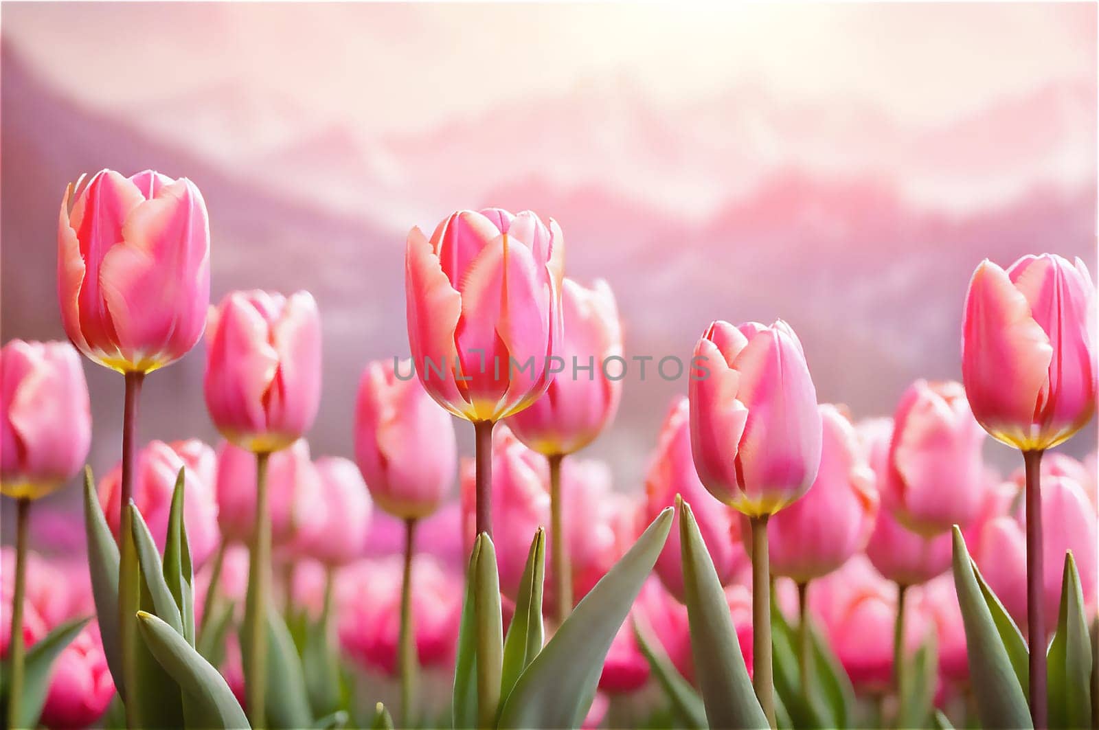 Field of pink tulips close-up on spring day against the backdrop mountains by EkaterinaPereslavtseva