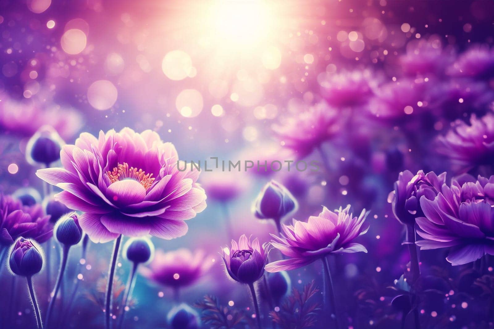 Purple bokeh sparkle abstract background with lilac flowers