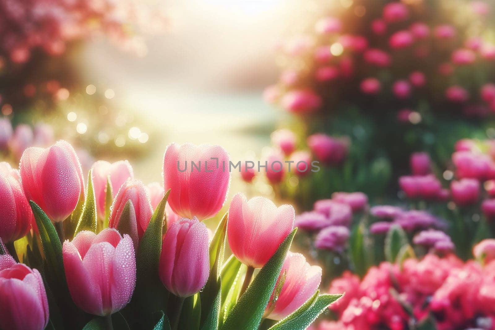 Bouquet pink tulips in glass vase on table in garden on sunny spring day by EkaterinaPereslavtseva