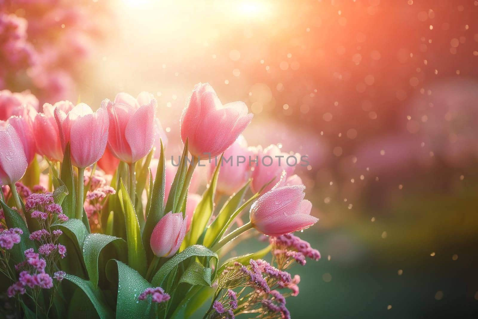 Bouquet pink tulips in glass vase on table in garden on sunny spring day by EkaterinaPereslavtseva