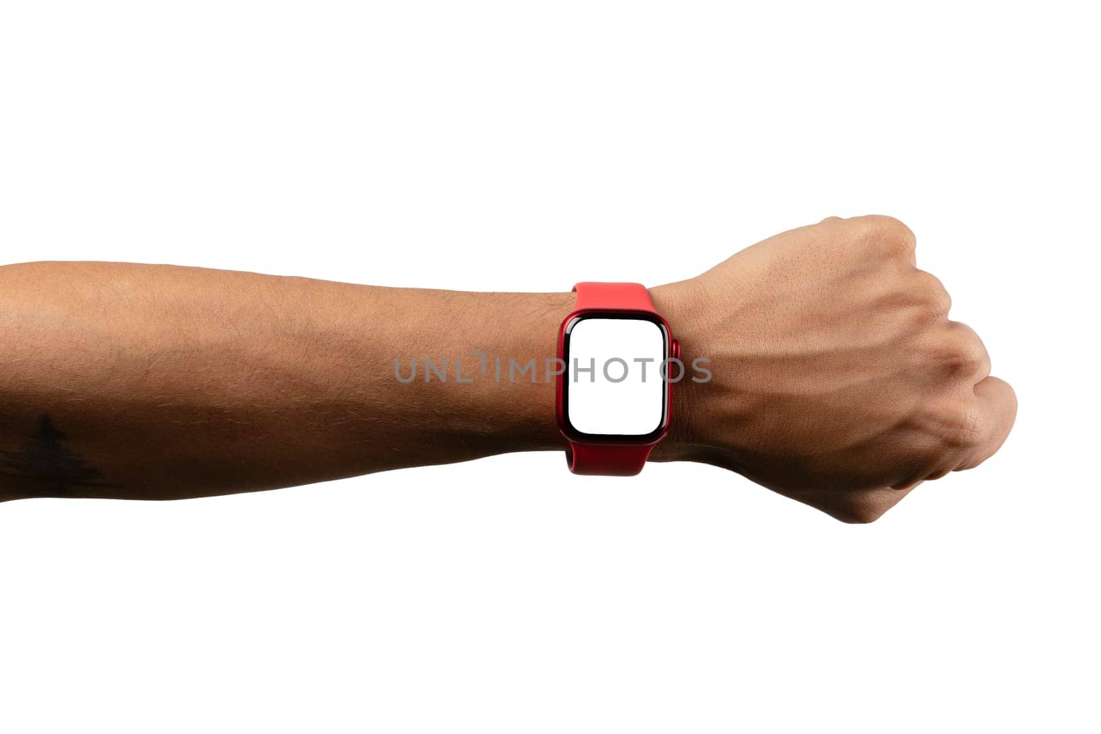 black male arm wearing and showing red smartwatch with blank screen isolated by TropicalNinjaStudio