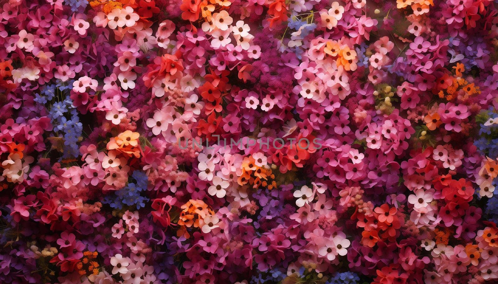 Pink, orange and white colors flowers wall. Top view flower wall background. by kizuneko