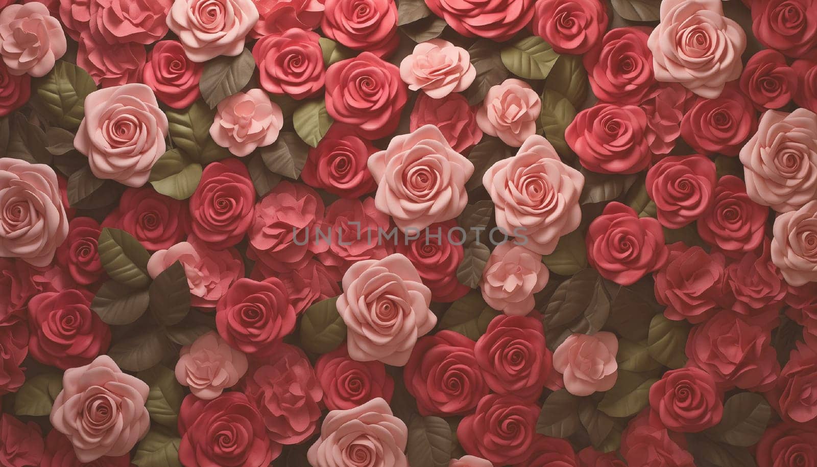 Pink and white rose flowers wall. Top view flower wall background.
