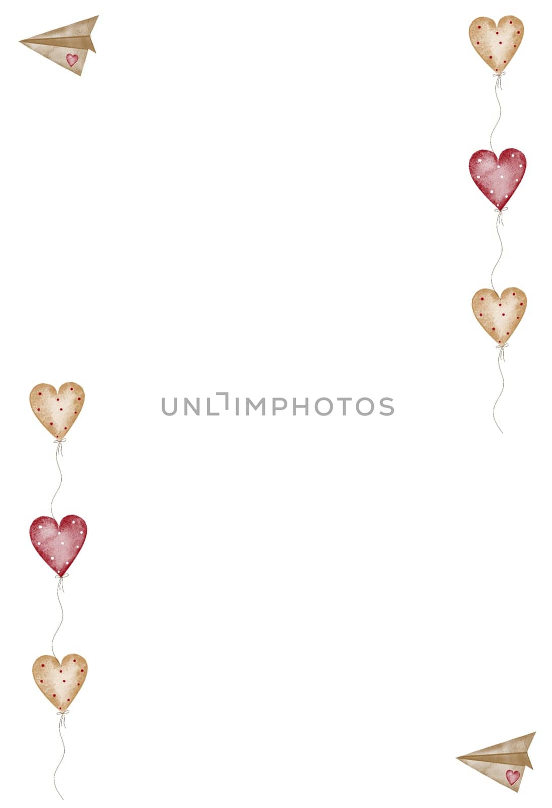 Watercolor Valentine's Day card template with little hearts and airplanes. Elegant and minimalistic style for decorating cards and invitations for holidays. High quality illustration