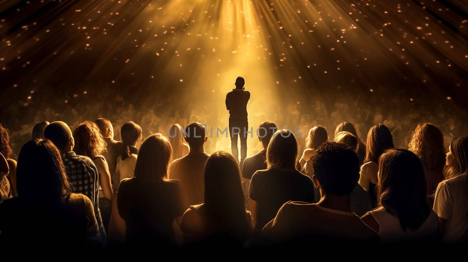 speaker standing confidently on stage, basked in dramatic stage lighting, addressing an attentive audience.