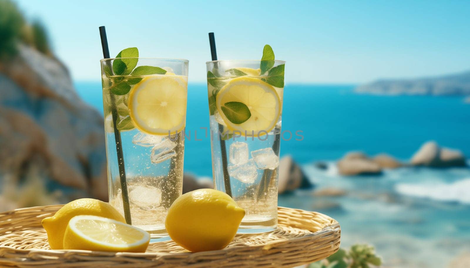 Two glasses of lemonade against the backdrop of the sea and mountains in sunny weather. High quality photo