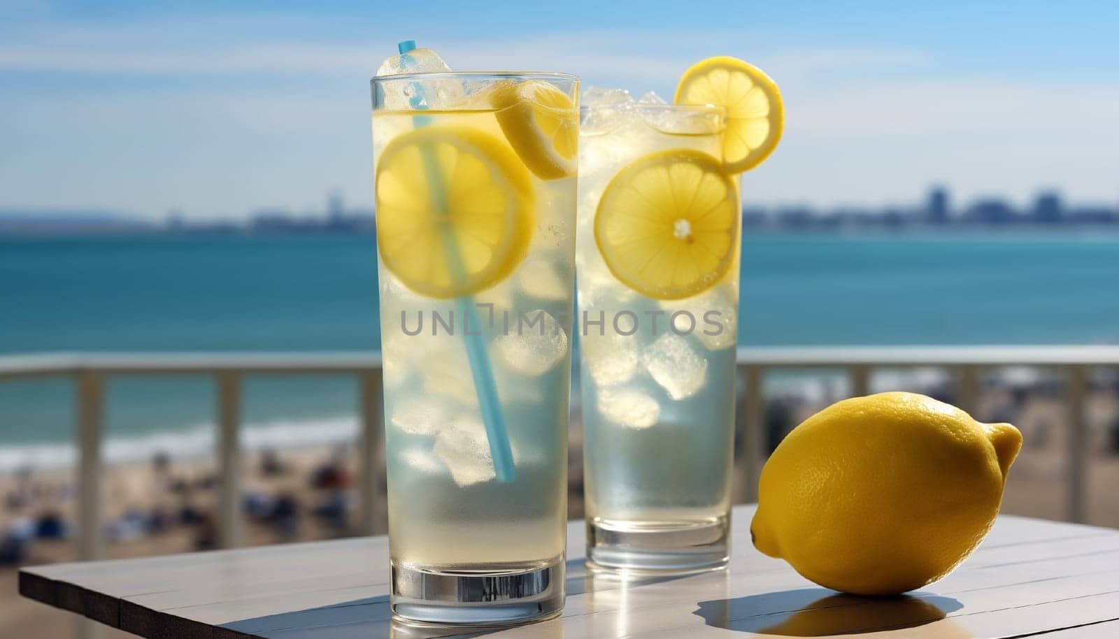 Two glasses of lemonade against the backdrop of the sea and in sunny weather. by kizuneko