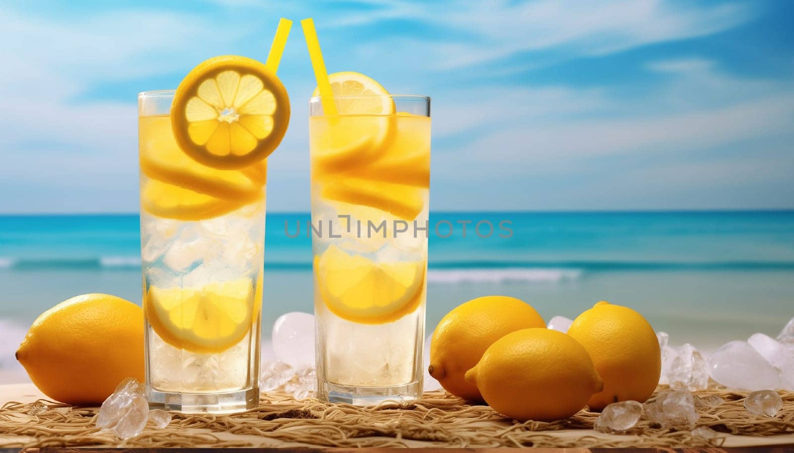 Two glasses of lemonade against the backdrop of the sea and in sunny weather. High quality photo