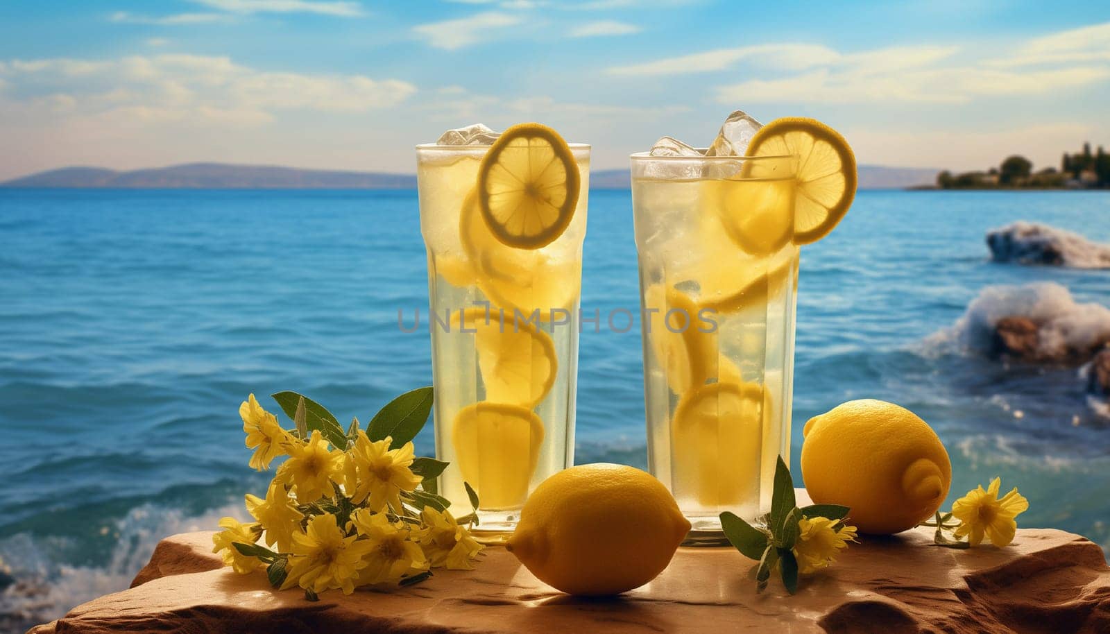 Two glasses of lemonade against the backdrop of the sea and in sunny weather. High quality photo